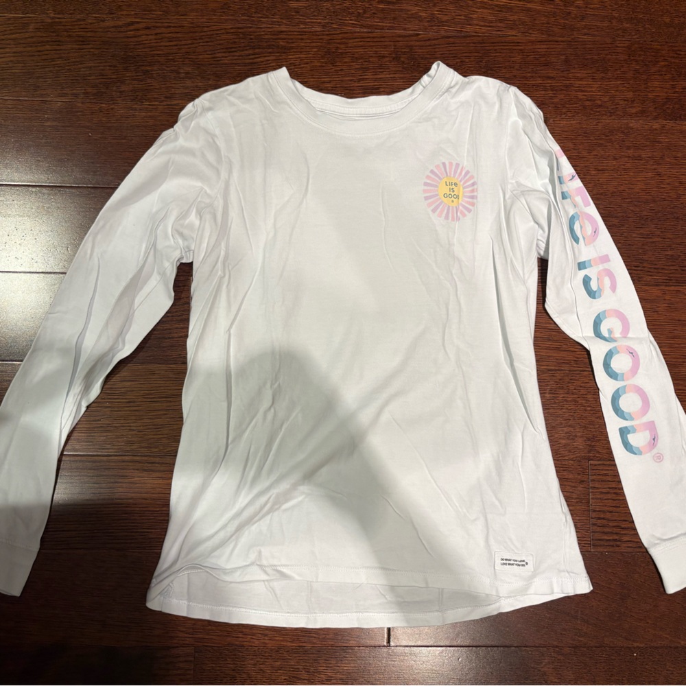 White Long Sleeve Tee with Pastel Sun Graphic
